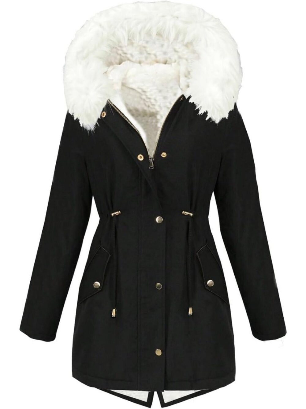 Warm Fleece-Lined Hooded Winter Parka Jacket with Pockets & Faux Fur Trim